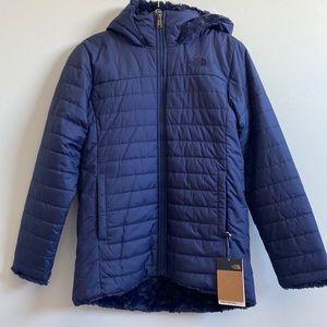 The north face girls youth reversible montague blue winter coat faux fur